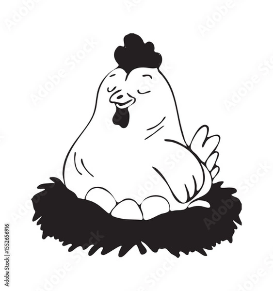 Fototapeta hen broody sits in nest and hatches eggs vector black and white sketch.chicken sitting in a straw nest vector cartoon sketch