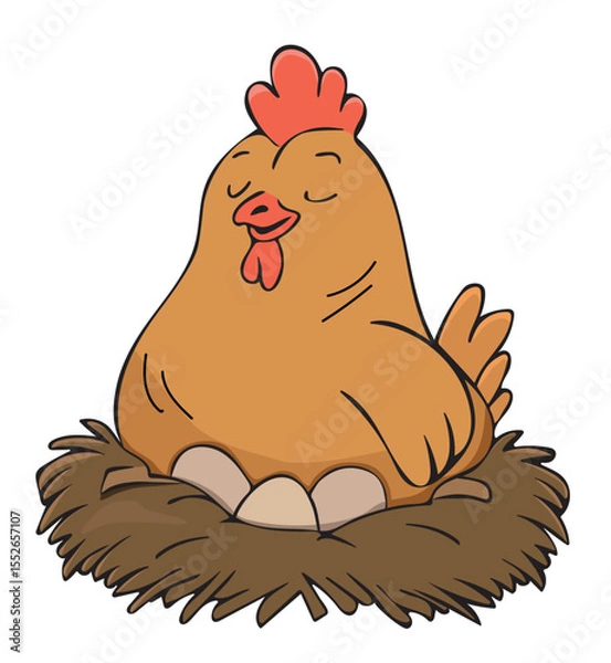 Fototapeta chicken sitting in a straw nest vector cartoon sketch. hen hatching eggs vector illustration