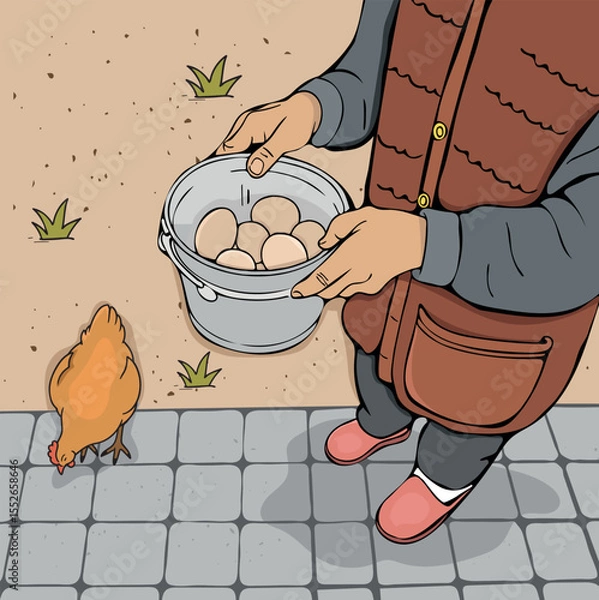 Fototapeta grandma and chickens vector. bucket of eggs vector. egg collection vector