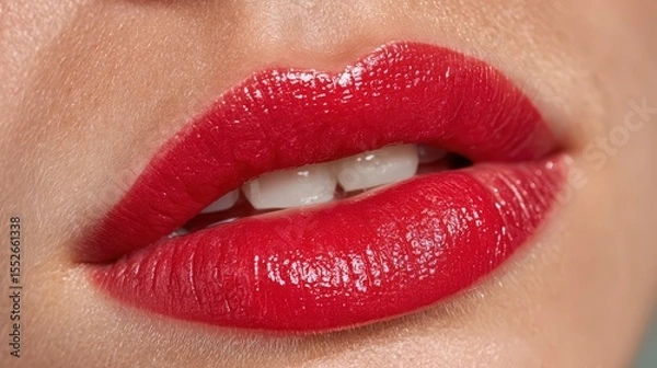 Fototapeta Close-Up of Glossy Red Lips in High Fidelity
