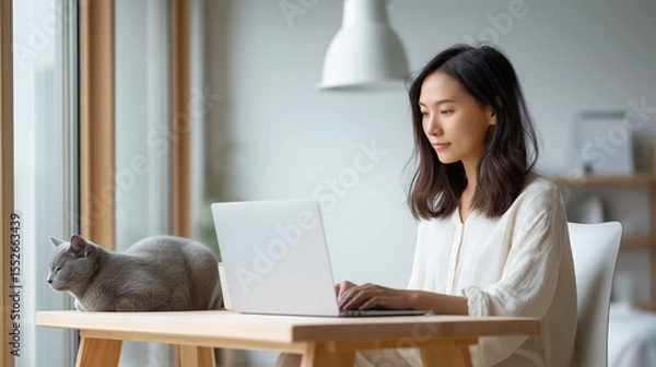 Fototapeta A focused Asian woman works on her laptop at a clean wooden desk, with a grey cat relaxing nearby by a large window.
