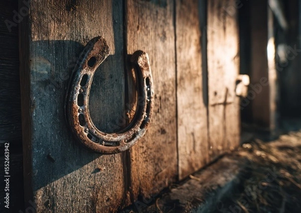 Fototapeta Rustic horseshoe mounted on a weathered wooden barn door, symbolic of luck and heritage