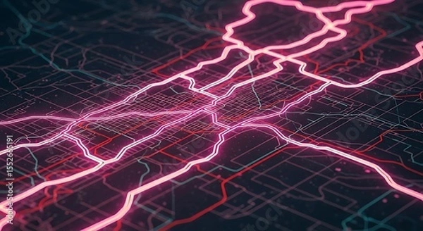 Fototapeta Abstract City Map with Neon Lines