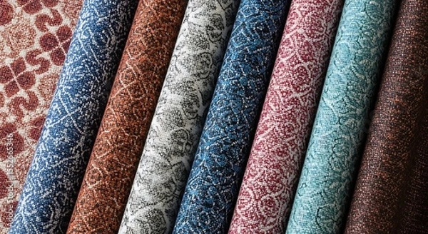 Fototapeta Fabric Rolls with Geometric Patterns in Various Colors