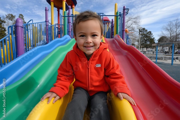Fototapeta Happy Young Boy on a Colorful Playground Slide Smiling at the Camera