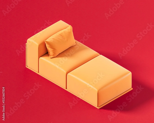 Fototapeta Minimalist modular lounge chair with blocky, rectangular cushions and a single loose pillow. Single color, flat orange furniture, 3d rendering