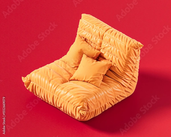 Fototapeta Plush, low-profile lounge chair with ruched orange upholstery and two soft cushions, designed for comfort and laid-back seating. Single color, flat orange furniture, 3d rendering