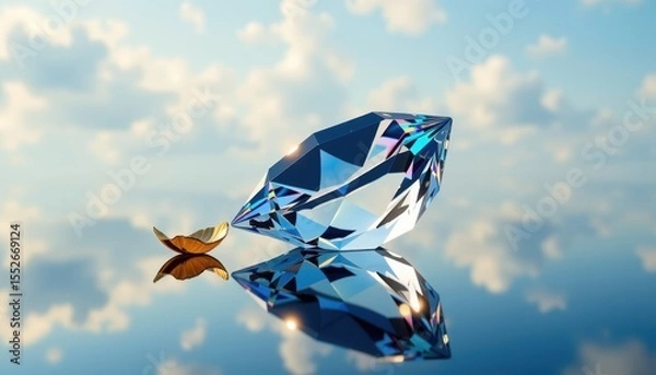 Fototapeta A brilliant diamond reflects a serene sky with soft clouds while resting next to a golden scoop, creating a stunning contrast of nature and luxury elements.
