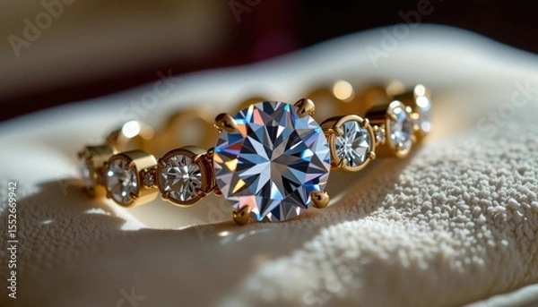 Fototapeta A dazzling gold with a large center diamond and smaller accent stones sparkles beautifully atop a soft white cushion in a close-up, detailed shot.
