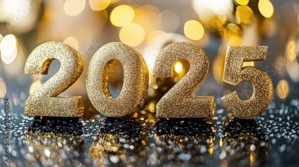 Fototapeta Sparkling golden 2025 numbers on glittery surface, New Year