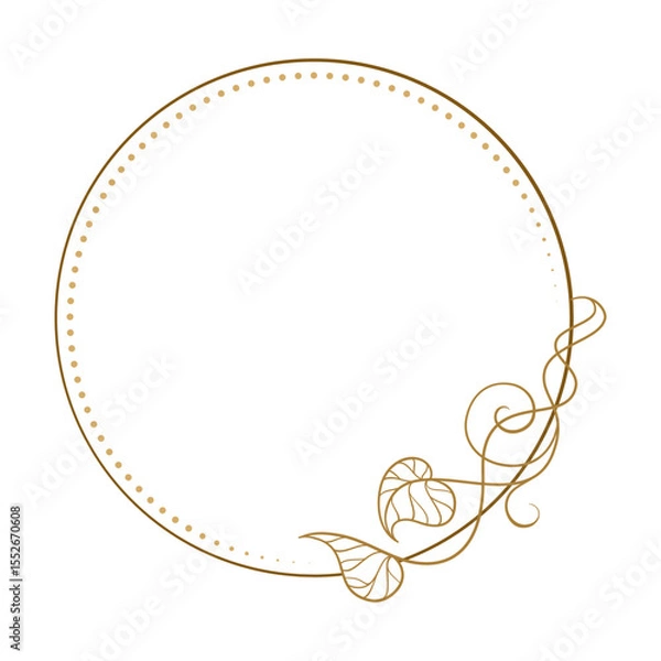 Fototapeta Round botanical frame. Minimal circle border with dotted lines and leaf ornament.