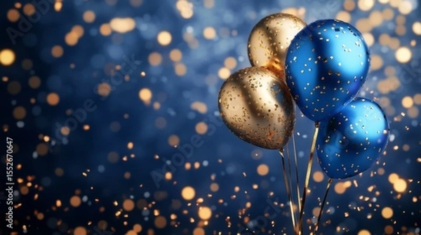 Fototapeta Festive blue and gold balloons with bokeh lights background