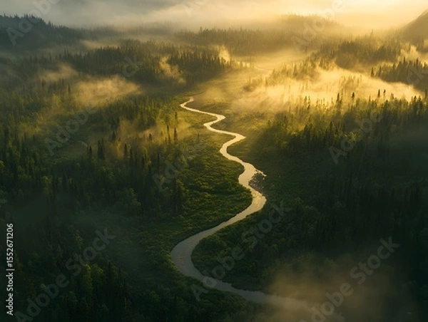 Fototapeta Aerial View of Winding River Flowing Through Dense Forest Shrouded in Morning Mist and Sunlight
misty morning on the river