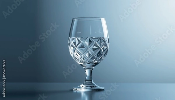 Fototapeta An elegantly cut crystal glass filled with sparkling clean water sits on a reflective surface against a gradient blue backdrop, showcasing pristine clarity and purity.