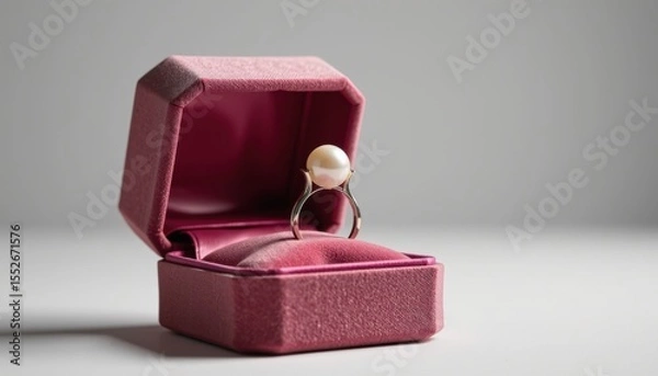 Fototapeta An exquisite pearl shimmers inside a luxurious pink velvet box, creating a captivating display of elegance and timeless beauty on a serene grey background.