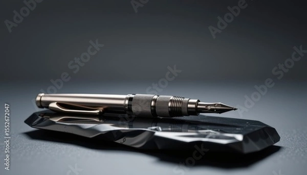 Fototapeta A sleek metal fountain pen rests elegantly on a dark, faceted stone, showcasing its intricate design and craftsmanship against a minimalist backdrop in studio.