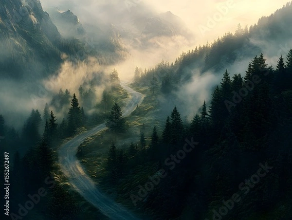 Fototapeta Haunting Mist-Covered Forest Path with Shadowy Creatures Emerging from Dense Fog
fog over the mountains