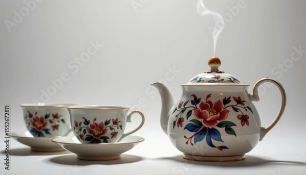 Fototapeta A steaming teapot with floral design and two matching cups with saucers sit elegantly against a soft, graduated white backdrop in a serene studio setting.