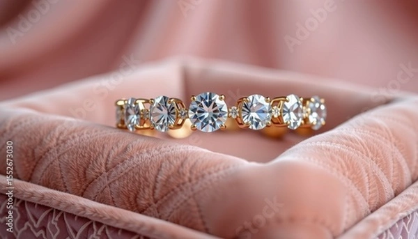 Fototapeta A stunning gold band adorned with sparkling diamonds is elegantly displayed on a soft pink velvet surface, showcasing its exquisite craftsmanship and beauty.