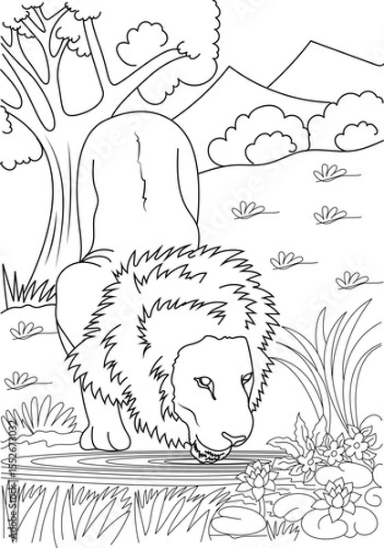 Obraz Majestic Lion with a Lush Mane Drinking Water from a Tranquil Pond with Lily Pads and Flowers - Intricate Safari Wildlife Scene Line Art - Great for Kids and Adults Coloring