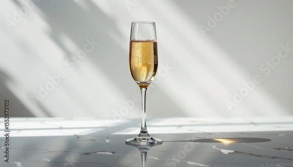 Fototapeta A tall elegant glass filled with bubbling champagne stands on a bright marble surface with soft tree shadows creating a serene atmosphere of celebration.