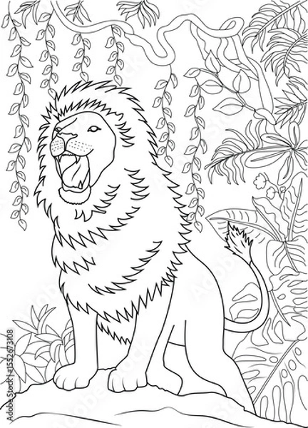 Obraz Majestic Lion Roaring on a Rock in Dense Jungle Environment - Black and White Line Art Illustration Perfect for Coloring Pages, Books, and Nature-Themed Designs, Depicting Strength and Wildness