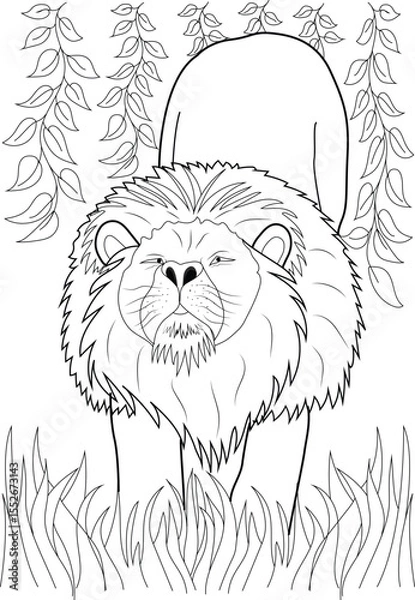 Obraz Powerful Lion Outline Standing Among Jungle Leaves and Grass. Simple Yet Striking Black and White Illustration for Coloring and Design.