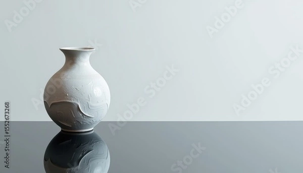 Fototapeta Elegant ceramic vase with textured surface reflects on a sleek dark table against a plain white wall in a minimalist and clean studio environment design.
