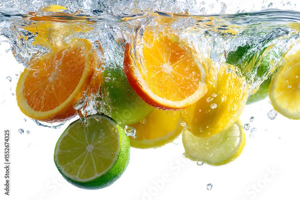 Fototapeta Fruit falling into water with splashes of lemon and lime, orange slices, photorealistic, high resolution.