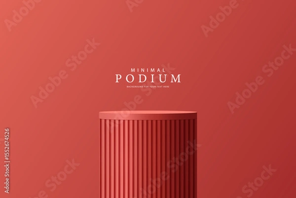 Obraz 3D product Minimal display stand. Red color cylinder stand podium on a red background. Abstract geometric shapes in a simple design. Fashion stage mockup scene. Studio product display stand.
