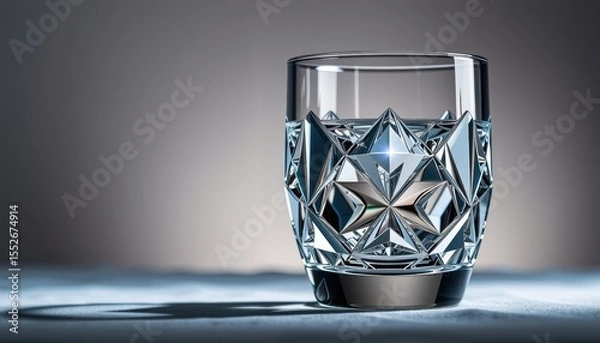 Fototapeta A beautifully crafted crystal glass filled with clear water is set against a gradient background, casting a crisp shadow, showcasing the exquisite design and clarity.