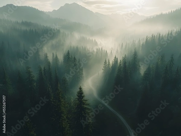 Fototapeta Deserted Foggy Forest with Eerie Mist and Blurred Creature Figures Creating Suspenseful Atmosphere
misty morning in the mountains