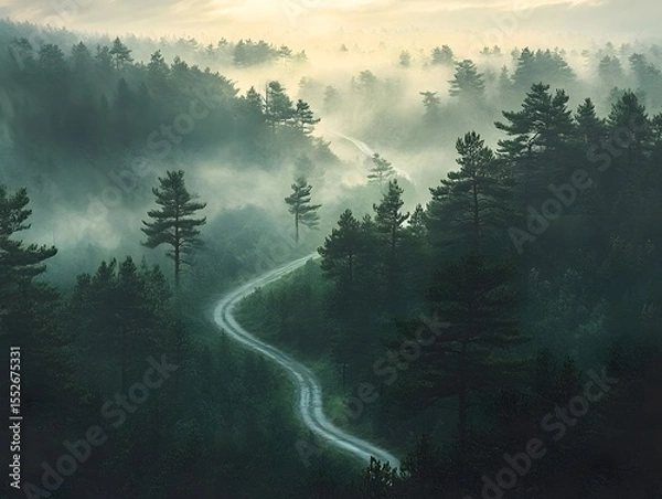 Fototapeta Moody Twilight Forest with Thick Mist and Unseen Figures Suggesting Supernatural Presence
misty morning in the mountains