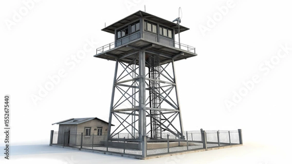 Fototapeta Isolated security watch tower prison military border control observation post guardhouse structure design