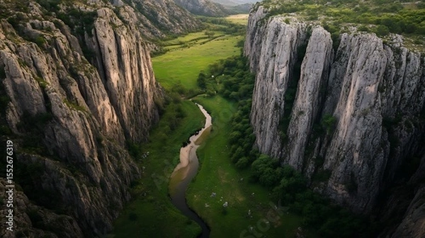 Obraz Green valley with a narrow river snaking between towering cliffs