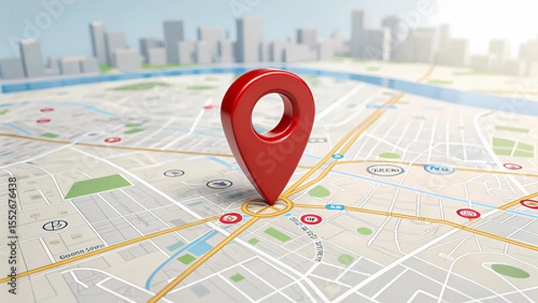 Fototapeta Red location pin on city map gps navigation destination travel route planning and finding direction