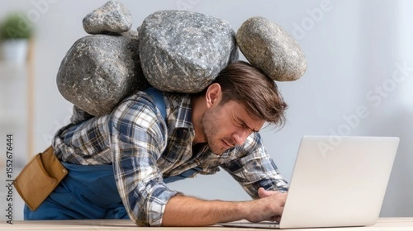 Obraz Digital Burnout: Worker Struggling Under Heavy Load While Using Laptop