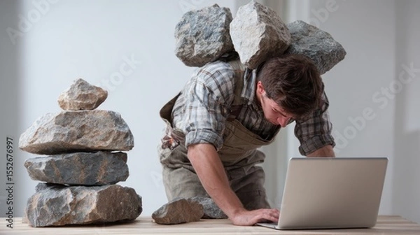 Obraz Crushed by the Weight of Work: Man Struggling with Laptop and Heavy Rocks