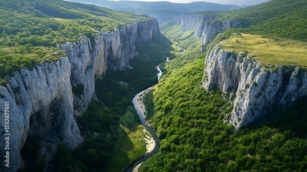 Obraz Green valley with a narrow river snaking between towering cliffs