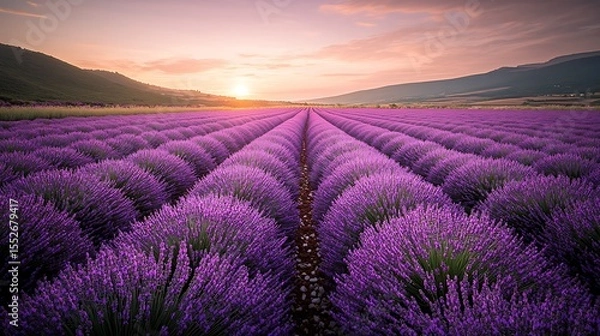Obraz Lavender field stretching to the horizon under a soft purple sunset