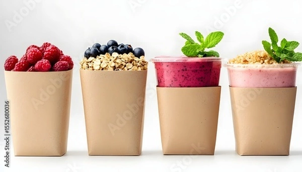 Fototapeta Five kraft food boxes side by side: berries, grains, smoothie, mint, and one empty. Clean white backdrop, natural feel.

