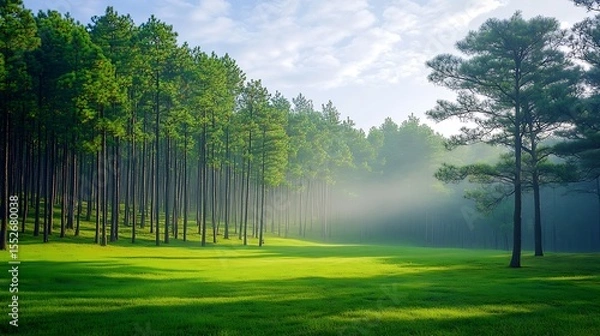 Obraz Lush green forest with morning mist covering the tall pine trees