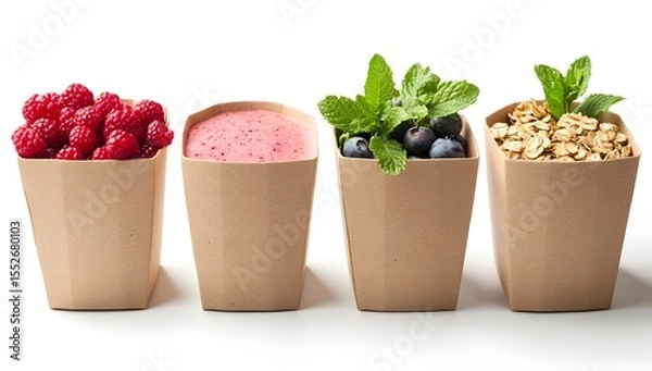 Fototapeta Kraft boxes aligned with red berries, puffed rice, smoothie, mint, and one left blank. Natural textures on white.

