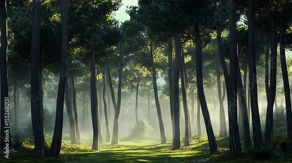 Obraz Lush green forest with morning mist covering the tall pine trees