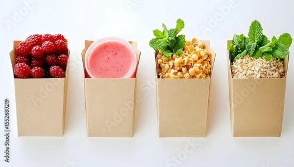 Fototapeta Minimal layout of kraft boxes with food: red fruit, grains, a pink drink, mint leaves, and one empty. Clean and white.

