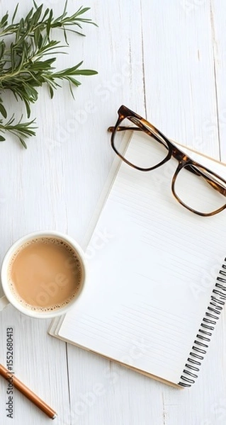 Fototapeta Notebook, coffee, and glasses arranged neatly on a white wood surface. Pastel palette, soft light, and minimal elegance.


