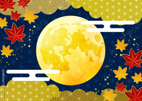 Fototapeta 文様紅葉と満月の十五夜お月見背景、横、イラスト、かわいい