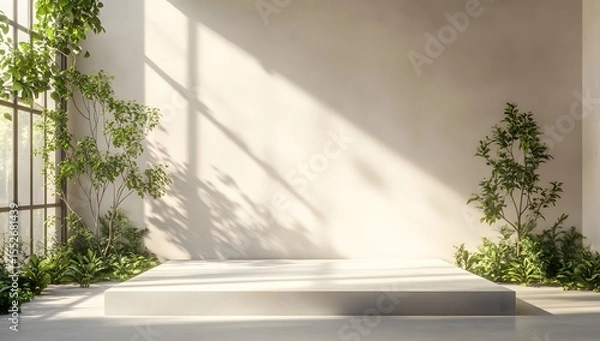 Fototapeta Beige room with soft trees, glass light, and a clean stage. A bright, warm feel with plant life and soft sun beams.

