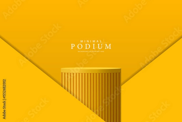Obraz 3D product Minimal display stand. Yellow color cylinder stand podium on a yellow background. Abstract geometric shapes in a simple design. Fashion stage mockup scene. Studio product display stand.