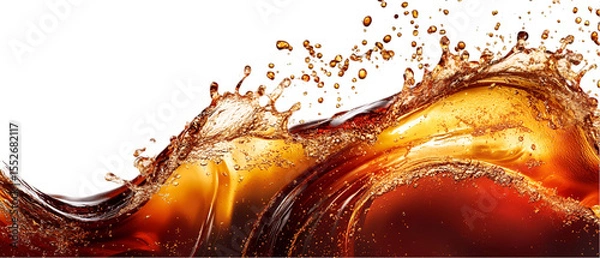 Obraz Golden liquid flows in an amber cascade against a stark black backdrop, creating dynamic splashes perfect for beverage designs, transparent background